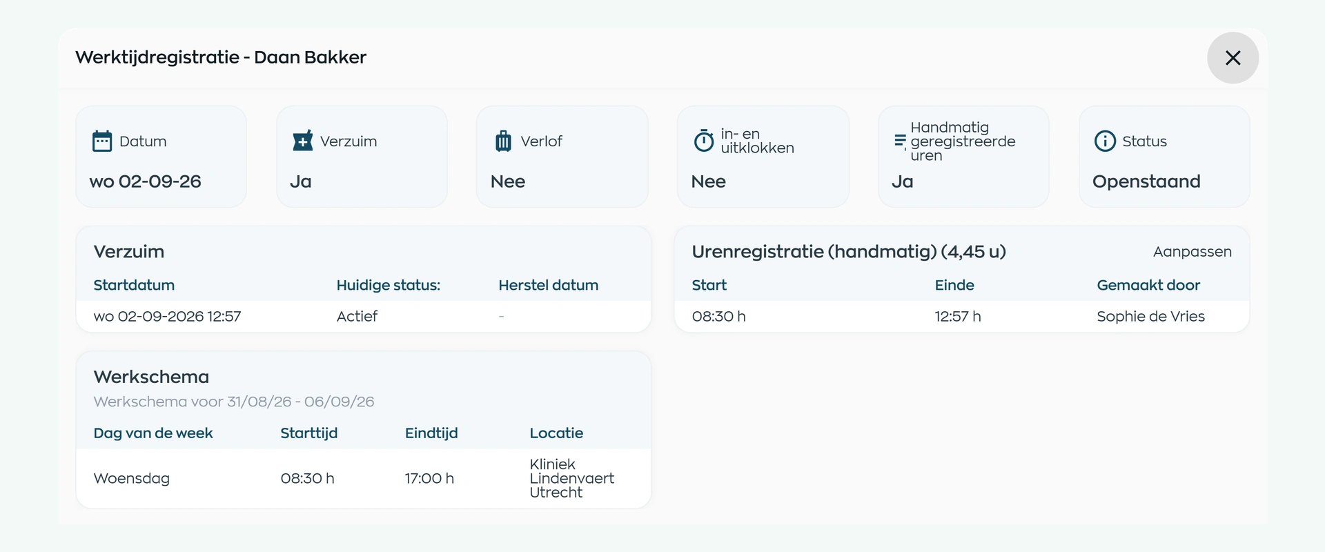 Dagrecord met gewerkte uren, verzuim en het geplande werkschema in WorkVine