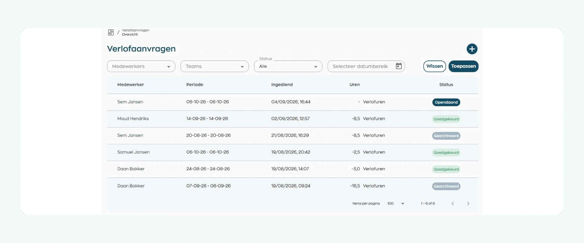 Overzicht van verlofaanvragen met filters voor medewerker, team, status en periode in WorkVine Office