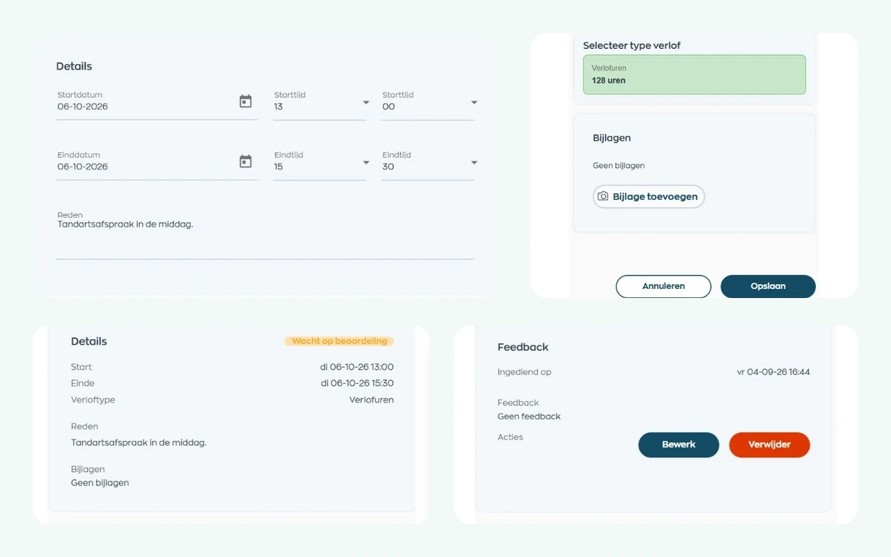 Medewerker vult een verlofaanvraag in en ziet de aanvraag met status in de WorkVine Medewerker App