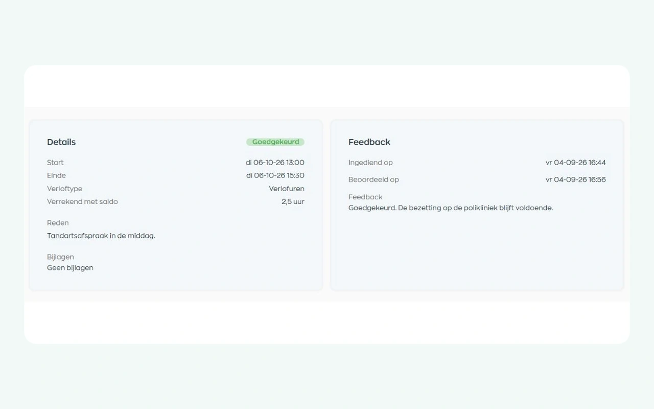 Goedgekeurde verlofaanvraag met managerfeedback en verwerkte uren in de WorkVine Medewerker App