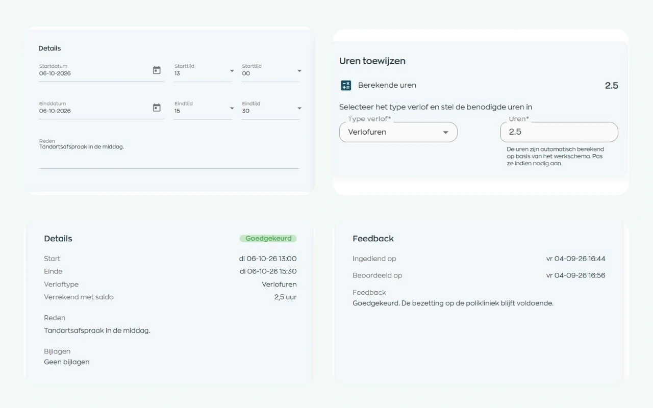 Verlofaanvraag en goedgekeurde uitkomst in WorkVine Office en de Medewerker App