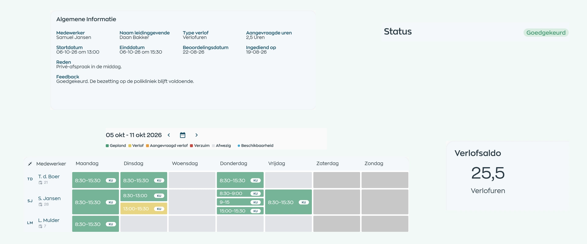 Goedgekeurde verlofaanvraag met zichtbare roosterimpact en bijgewerkt verlofsaldo in WorkVine