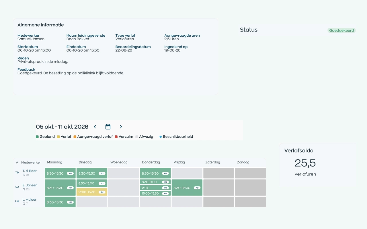 Verlofaanvraag met teamplanning en saldo voor de beoordeling