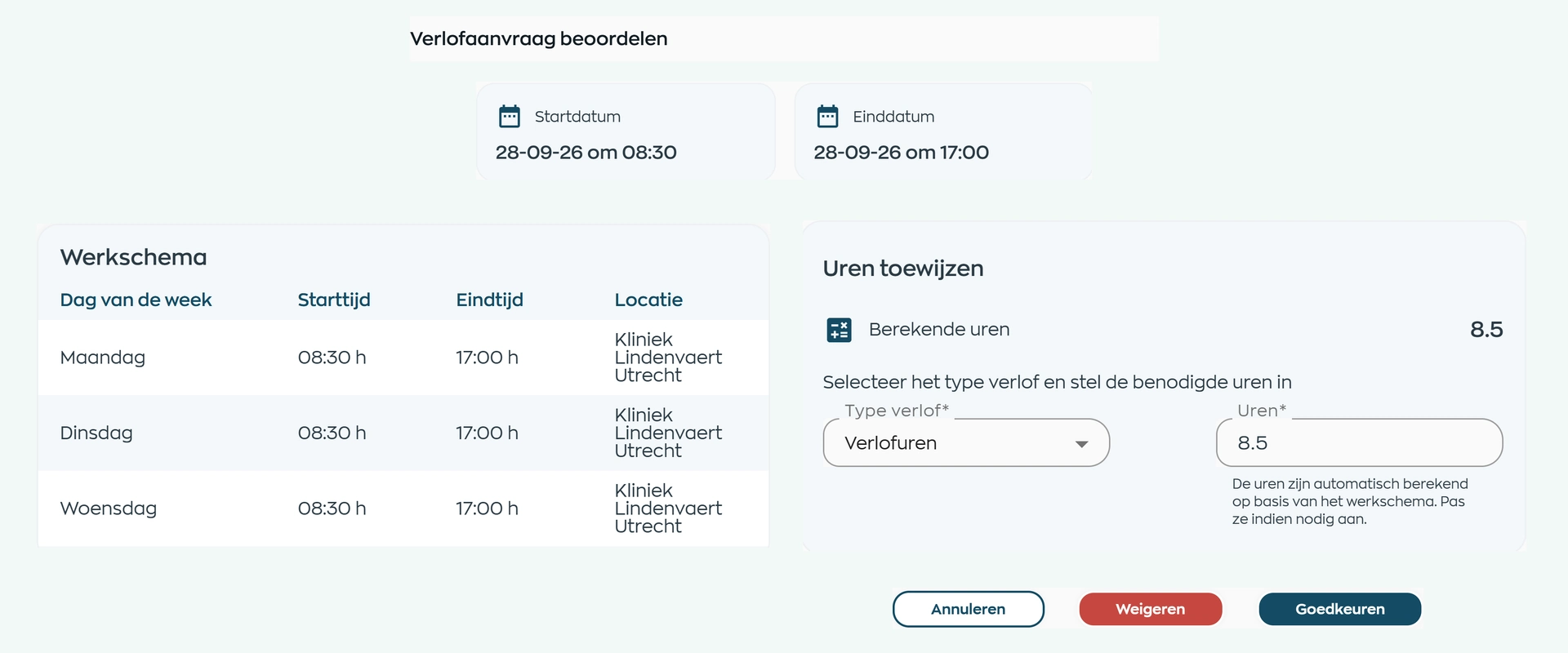 Beoordeling van een verlofaanvraag met werkschema, voorgestelde uren en beslisacties in WorkVine Office