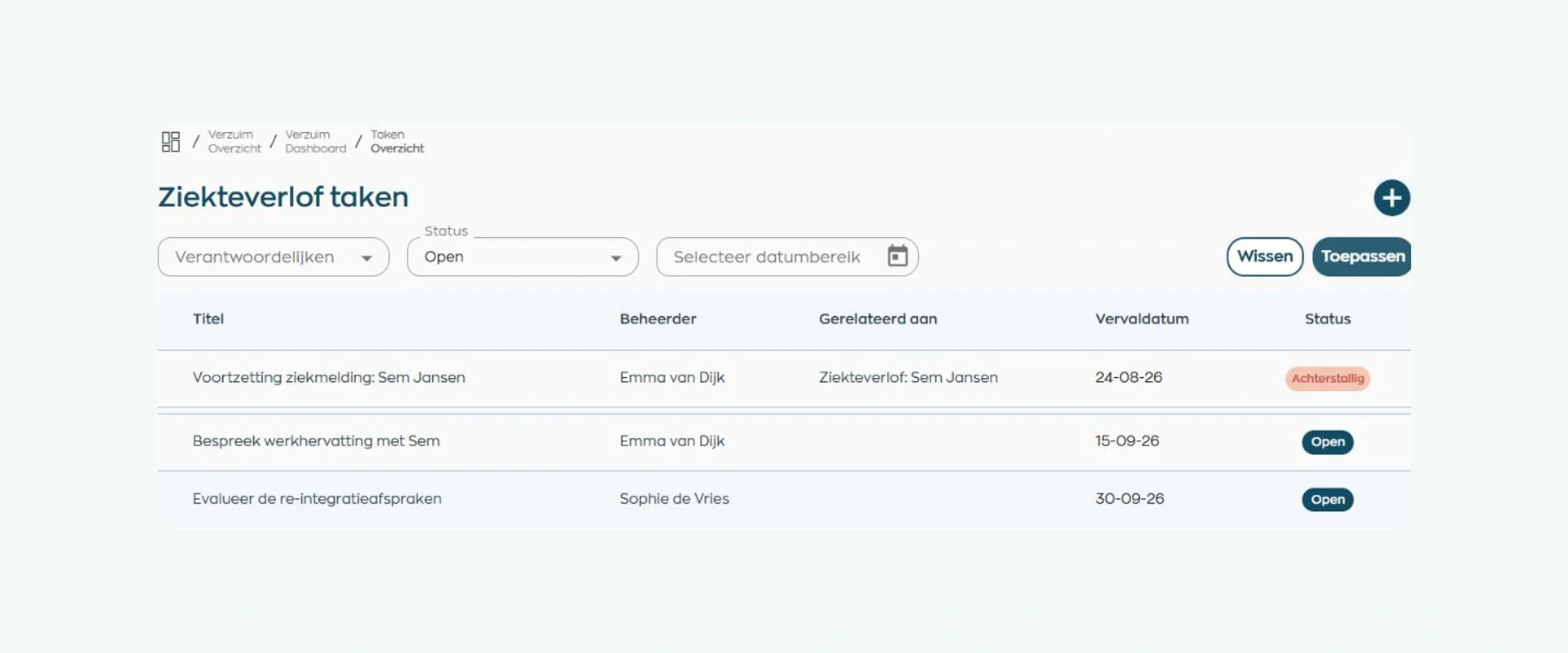 Open verzuimtaken met verantwoordelijke, vervaldatum en status in WorkVine