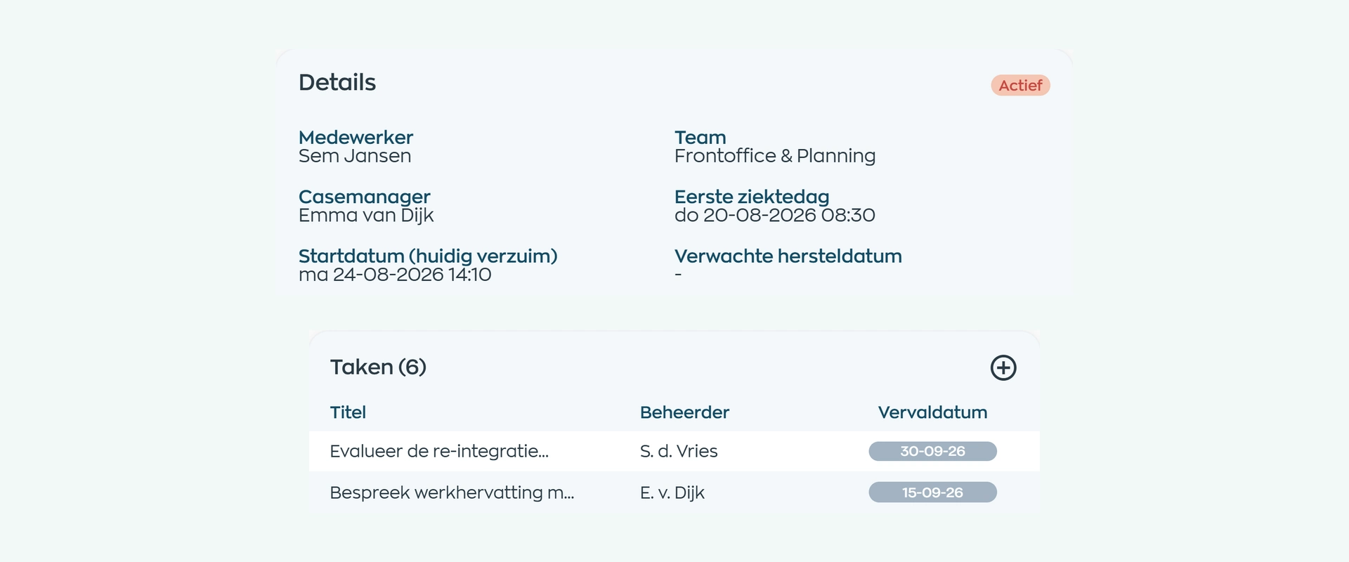 Actief verzuimdossier met casemanager en open opvolgtaken in WorkVine