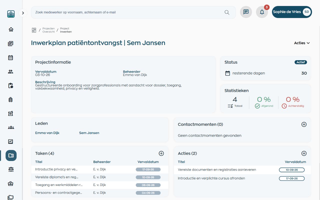 Inwerkproject met een verantwoordelijke, starttaken en acties voor de nieuwe medewerker