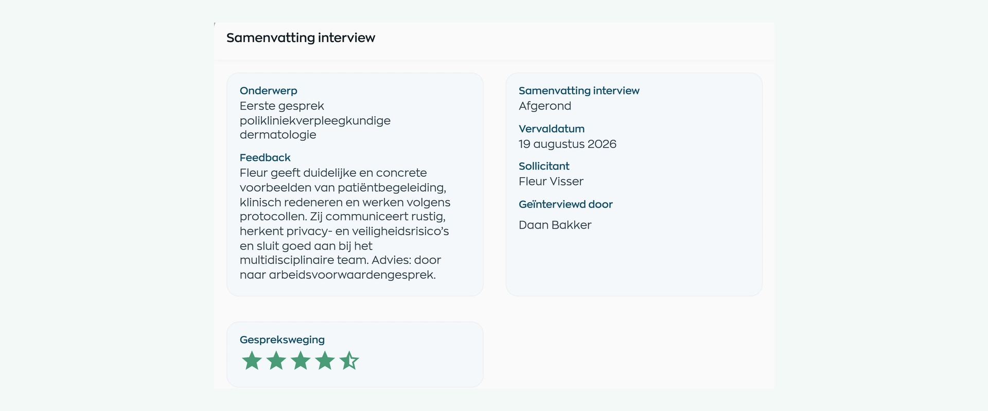 Afgerond sollicitatiegesprek met interviewer, feedback en vervolgactie
